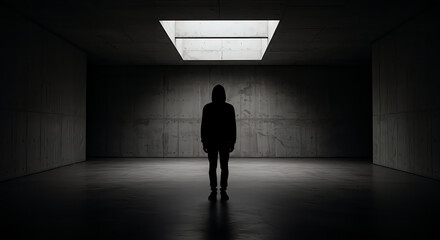 Fototapeta premium Mysterious hooded figure silhouetted in a dark, empty concrete room lit by a single overhead light.
