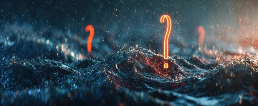 The illuminated question marks emerging from mysterious ocean waves. - Powered by Adobe