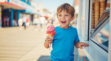 A young boy, wearing a blue shirt, smiles brightly while holding a double scoop of pink ice cream in a cone on a sunny boardwalk.