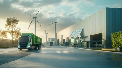 Photorealistic visualization of a modern green factory powered by solar panels in the context of wind turbines, wind turbines in the background, electric trucks unloading sustainable materials