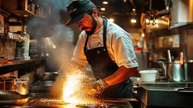 Chef skillfully grilling meat in a bustling kitchen, surrounded by cooking tools and vibrant flames