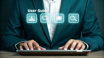 Person using tablet with user guide interface and digital icons