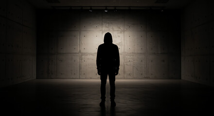 Mysterious silhouette of an anonymous person in a hoodie standing alone in a dark, empty concrete room under a spotlight.