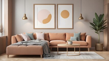 Mockup poster empty frame in scandinavian, tropical, rustic, minimal, bohemian, style living room interior, living room interior background. A modern, minimalist interior with a large sofa and natural