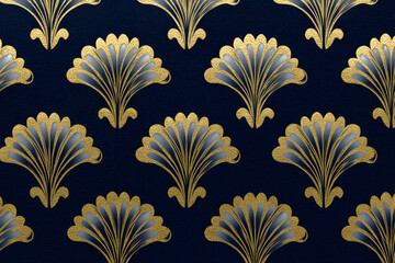 Elegant Art Deco Pattern: Gold and Blue Floral Design on a Textured Background