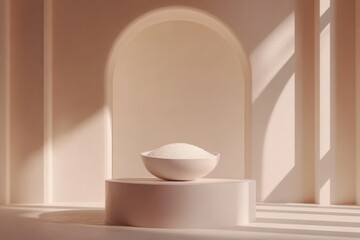 Light-filled beige room with a bowl of grains on a podium.