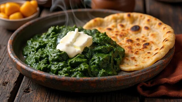 Warm Sarson ka Saag with Makki di Roti and Malai, Rustic Comfort Food, Butter Melting, Authentic Indian Cuisine, Hearty Winter Meal, Delicious