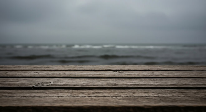 Empty wooden pier foreground with a moody, out-of-focus ocean background on a cloudy day.