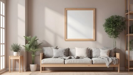 Boho style interior. living room. Frame mockup. Poster mockup. style element interior in illustration, A modern, minimalist interior with a large sofa and natural accents.