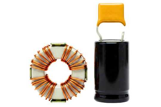 Toroidal core inductor and capacitor electronic components isolated on a transparent background