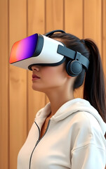 Woman Wearing VR Headset Indoors. Casual Portrait with Gradient Display and Warm Lighting