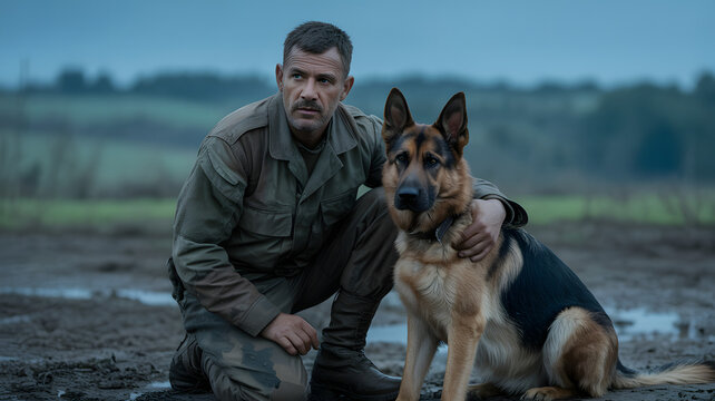 A brave soldier, a man in his 40s, sits on one knee. Next to him is a German Shepherd.