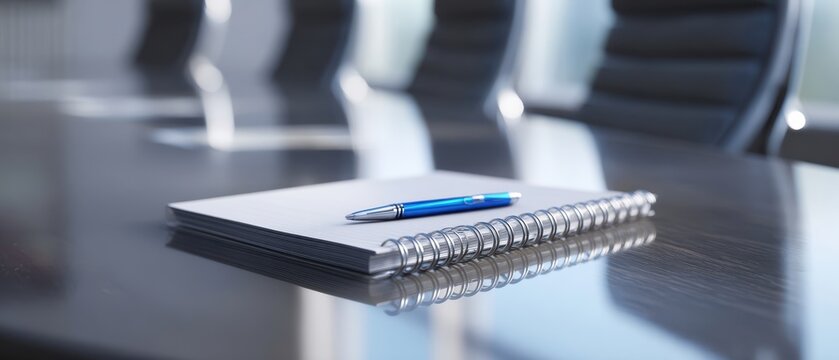 The sleek notebook and pen set on a modern conference table.