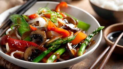 Stir-fry dish sits in bowl. Close-up shot features mushrooms, asparagus, rice noodles, and vegetables in sauce. Food photography for cookbooks and blog designs.