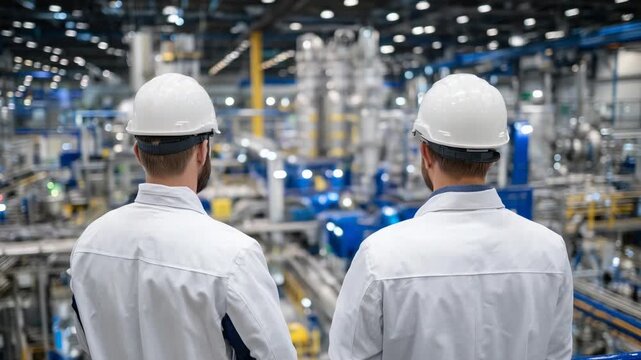 Chemical engineers in protective gear examine advanced reactors and extruders producing synthetic thermoplastics in a high-volume facility.