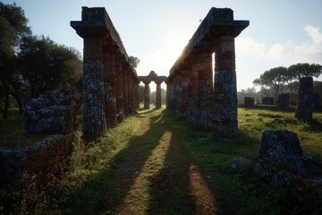 Fototapeta premium Low Angle, Warm Sunrise, Stone Columns, Green Grass, Dramatic Shadows, Atmospheric, Ruined Architecture