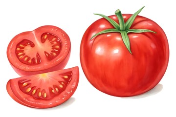 A whole tomato with a half and slice