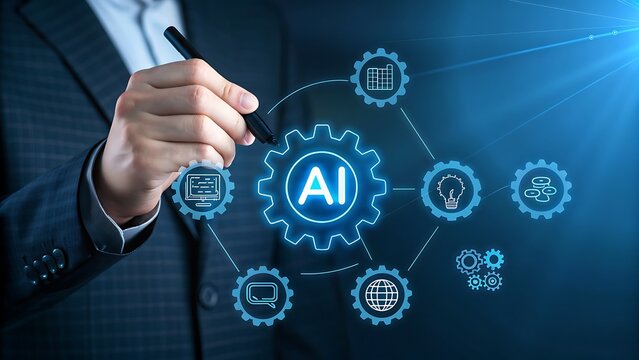 Businessman interacting with glowing ai network and digital icons