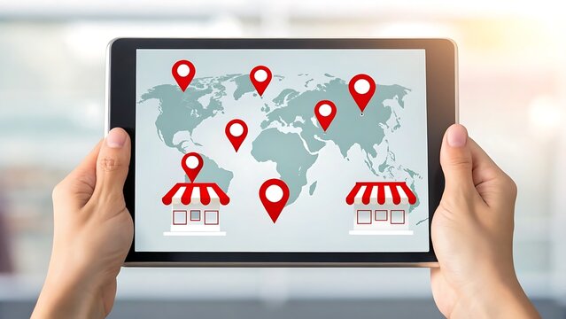 Hands holding tablet showing world map with store locations and pins - Powered by Adobe