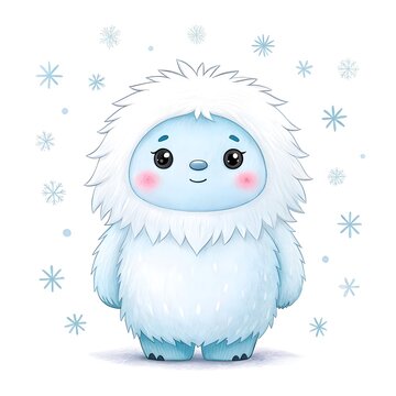 Cute fluffy yeti character with snowflakes