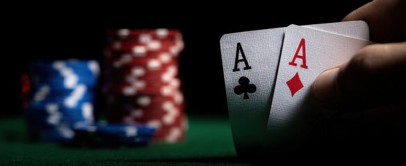 The dramatic moment of holding a winning pair of aces in poker.