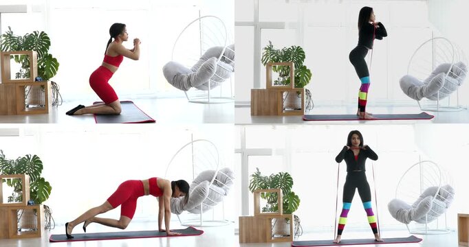 A woman is doing yoga poses in a room with a white chair and plants. The poses are shown in different angles and the woman is wearing a red outfit