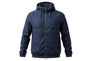 Dark blue casual hooded windbreaker jacket with front zipper isolated on a transparent background