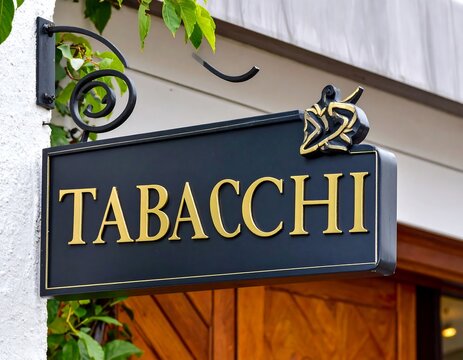 A black sign with gold lettering, featuring the word "TABACCHI