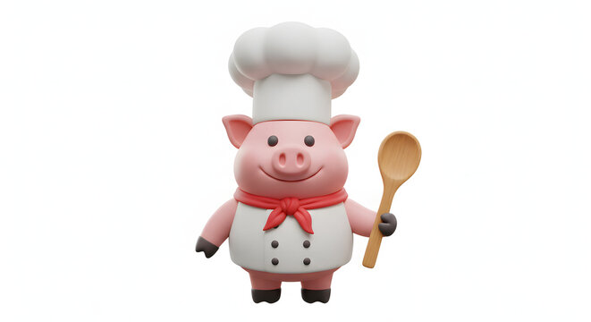 Joyful cartoon pig chef proudly holds a wooden spoon, ready to whip up delicious culinary creations with a friendly smile and professional attire