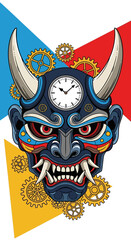 Steampunk-style Oni mask surrounded by gears and a clock, vibrant colors.
