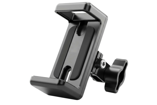 Black plastic adjustable car mount for holding a smartphone isolated on a transparent background
