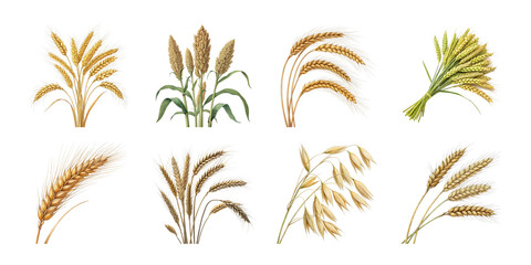 Collection of realistic cereal crop illustrations including wheat barley oat rice millet rye sorghum and grain bundles on white background