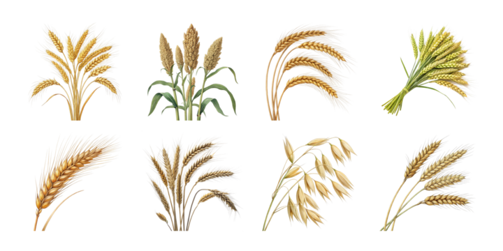 Collection of realistic cereal crop illustrations including wheat barley oat rice millet rye sorghum and grain bundles on white background