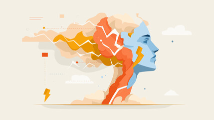 Abstract portrait of a woman with colorful lightning and clouds  