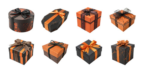 Set of spooky black and orange gift boxes with ribbons and bows in Halloween theme including round and square present packages on white background
