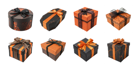 Set of spooky black and orange gift boxes with ribbons and bows in Halloween theme including round and square present packages on white background
