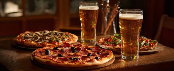 The delicious pizza and refreshing beer served on a rustic wooden table