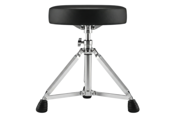 Adjustable drum throne with padded seat and chrome tripod base isolated on a transparent background