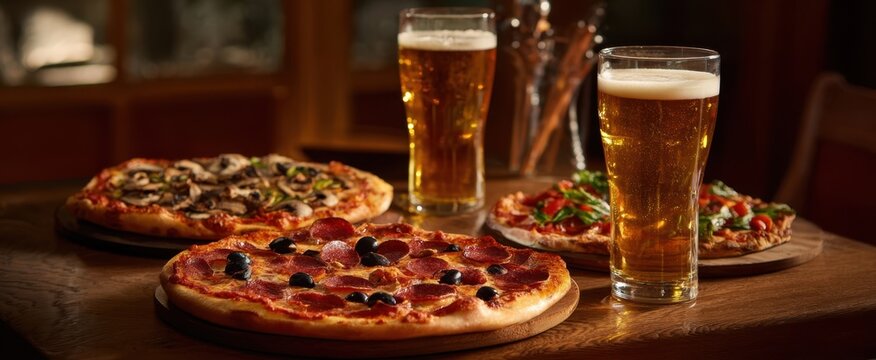 The delicious pizza and refreshing beer served on a rustic wooden table