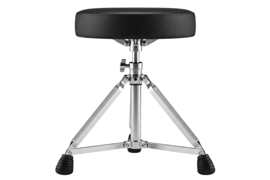 Adjustable drum throne with padded seat and chrome tripod base isolated on a transparent background