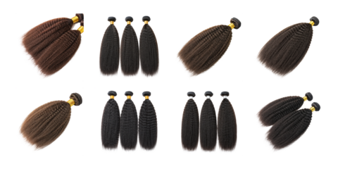 Collection of synthetic afro hair extensions in various textures and colors including kinky straight and yaki bundles on white background