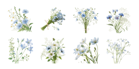 Set of delicate blue and white wildflower bouquets including daisies cornflowers lilies and baby's breath in rustic spring floral arrangements on white background