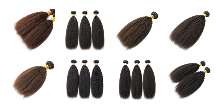 Collection of synthetic afro hair extensions in various textures and colors including kinky straight and yaki bundles on white background