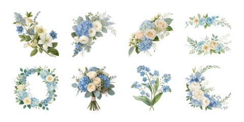 Elegant blue and white floral arrangements including wreaths bouquets and botanical compositions with hydrangeas roses and eucalyptus on white background