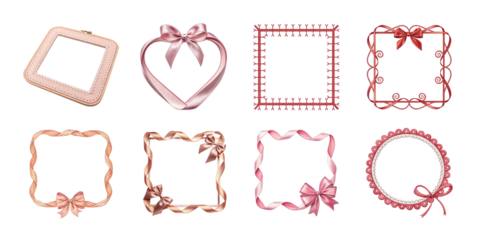 Set of pink ribbon photo frames in heart and square shapes with bows and decorative edges for romantic and festive design isolated on white background