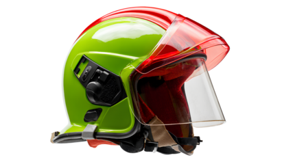 Colorful firefighter gear helmet on a white background