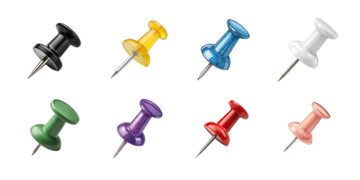 Set of colorful push pins in assorted shapes and vibrant colors including red blue yellow black green white and pink isolated on white background
