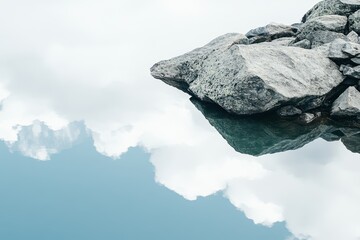 Reflection of a rocky outcrop on still water.