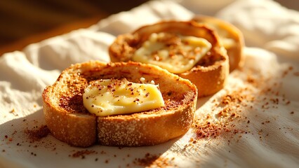 Two slices of toasted bread topped with melting butter and sprinkled with spices, resting on a textured cloth in warm natural light.