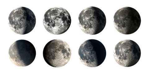 Phases of the moon showing lunar surface texture including waxing waning full and half moon cycles isolated on white background